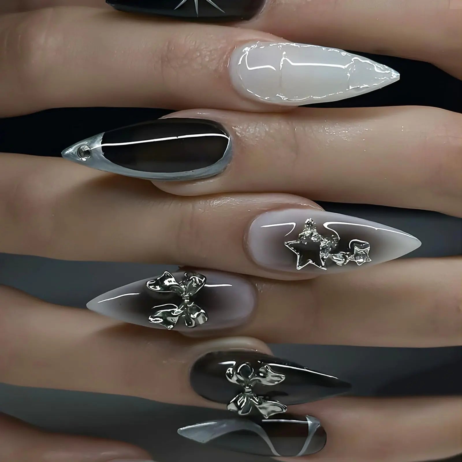 RTKHFZE Medium Press on False Nails Press on Nails Almond Black Full Cover Fake Nails with Silver Bow and Rhinestones Designs Press Ons Acrylic Nails Stick on Nails for Women 24Pcs