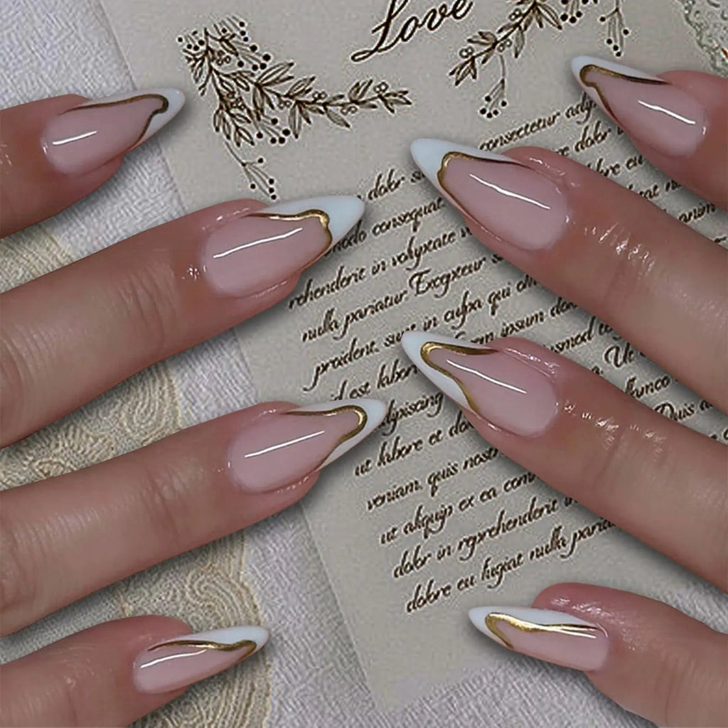 SINHOT Medium Press on Nails Almond Fake Nails Glossy Glue on Nails Gold Line Acrylic Nails Stiletto White Artificial Nails French Tip Stick on False Nails with Design 24pcs